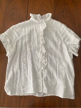 Women’s J. Crew short sleeve Ruffle Button-Front linen shirt size 12 white